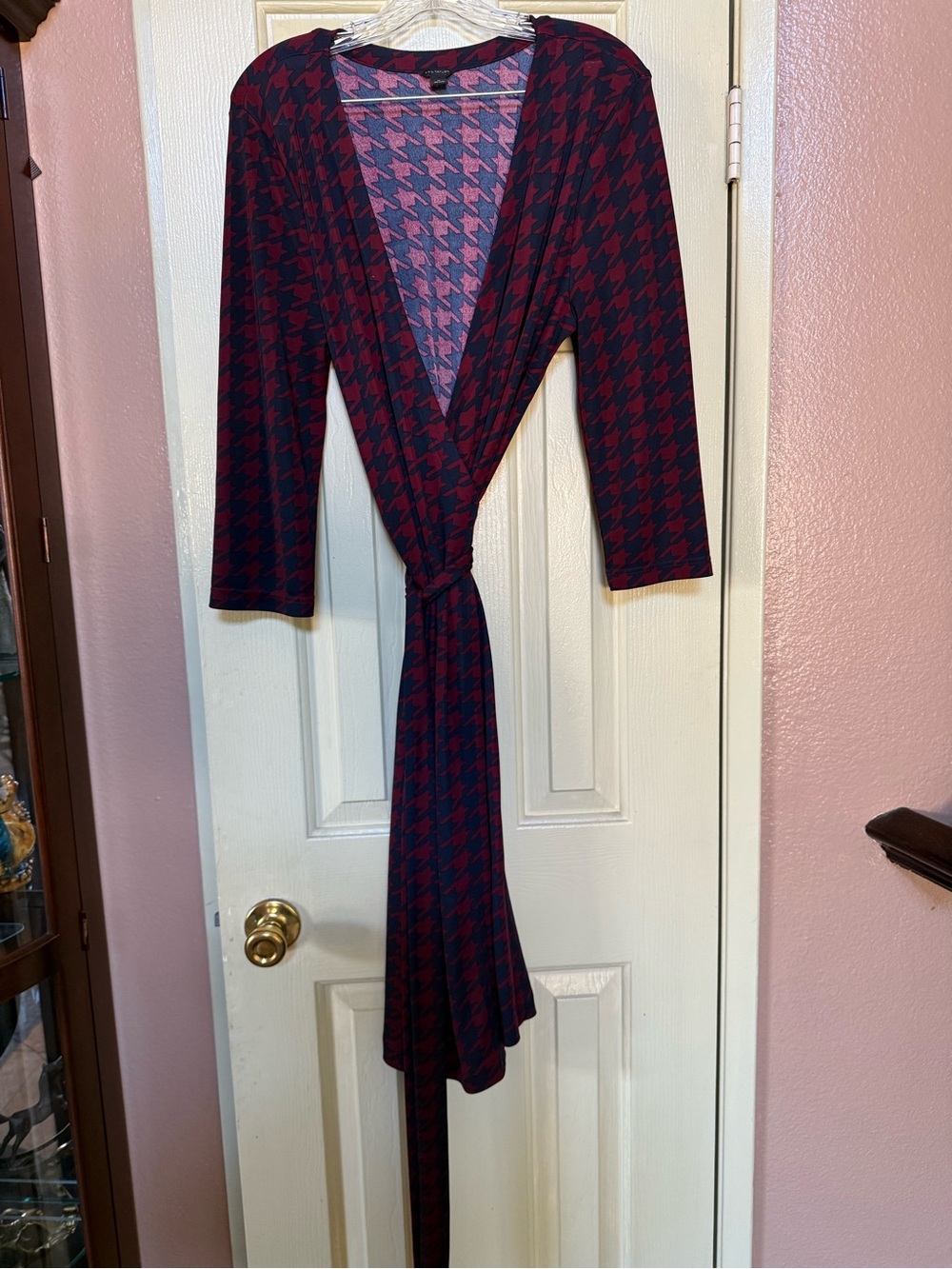 Ann Taylor Burgundy and Black Houndstooth Wrap Maxi Dress